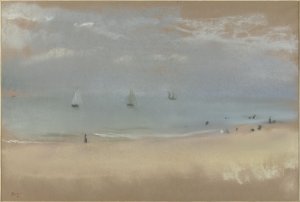 Photo de Plage en bord de mer avec trois voiliers et personnages