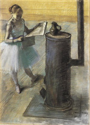 Photo de Danseuse lisant près d’un poêle
