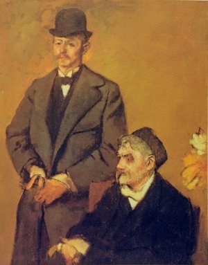 Photo de Henri  Rouart et son fils Alexis [Jeune homme en chapeau melon et homme assis coiffé d'une calotte]