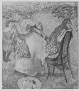 Femme assise dans un parc, auprès de deux enfants