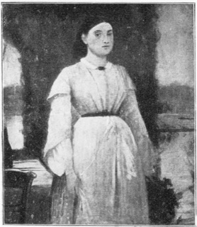 Jeune femme, debout, près d'une table dressée à l'entrée d'un jardin