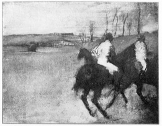 Chevaux et jockeys dans un paysage.