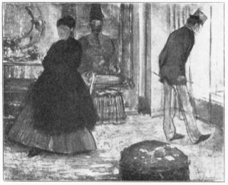 Intérieur: Homme debout près d'une fenêtre et femme en manteau noir
