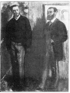 Deux hommes debout, en veston et pantalon rayé