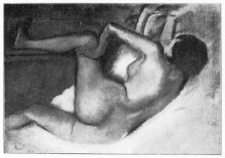 Après le bain: femme nue couchée sur un divan, la jambe gauche appuyée sur le rebord d'une baignoire.