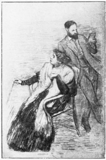 Femme assise dans un fauteuil et homme debout tenant un livre à la main