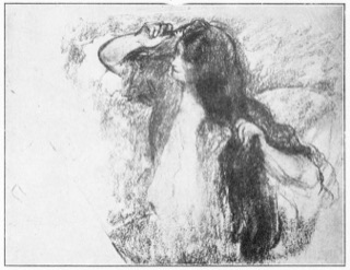 Femme en peignoir rouge, se coiffant