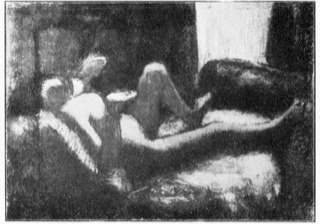 Femme nue couchée, tenant une tasse à la main