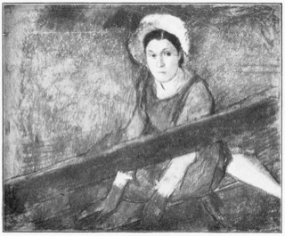 Jeune femme en tablier rouge, assise sur un banc
