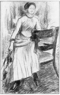 Jeune fille en bleu, s'appuyant sur un fauteuil