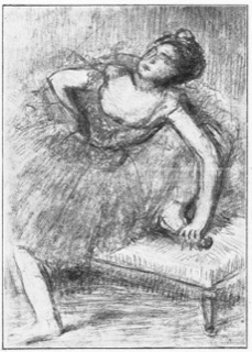 Danseuse en jupe rouge et corsage jaune.