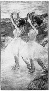 Deux danseuses en rose, les bras levés.