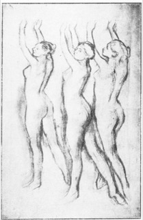 Trois danseuses en maillot, les bras levés