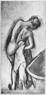 Après le bain, femme s'essuyant.