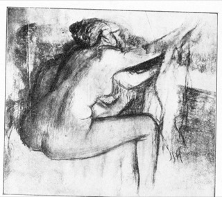 Femme nue assise, s'essuyant après le bain