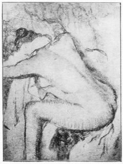 Femme nue assise, s'essuyant les cheveux