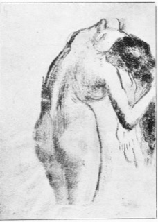 Femme nue debout, s'essuyant les cheveux