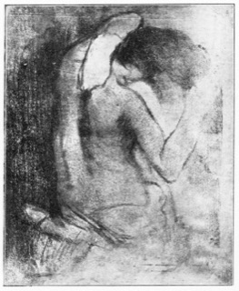 Femme nue, debout, vue à mi-corps et s'essuyant le cou.