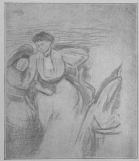 Femme en robe mauve, assise dans un fauteuil