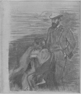 Femme en manteau jaune, assise dans un fauteuil, et homme debout.