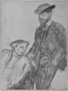 Femme assise et homme debout.