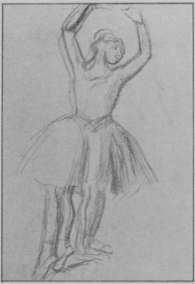 Danseuse debout, levant les bras.
