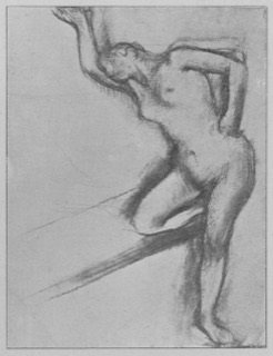 Femme nue debout, le genou droit appuyé sur une banquette