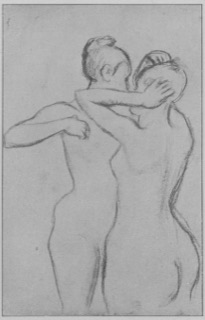 Deux femmes nues, debout et vues de profil.
