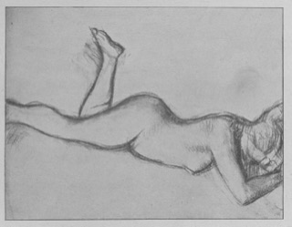Femme nue couchée, vue de profil.