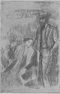 Femme dans un fauteuil et homme en chapeau mou