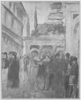 Réunion de personnages devant un palais