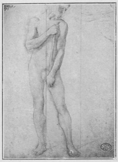 Homme nu, debout et tenant un bâton.