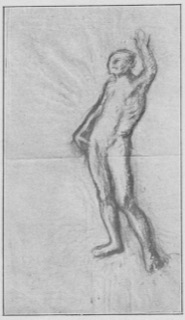 Homme nu, debout, levant le bras gauche