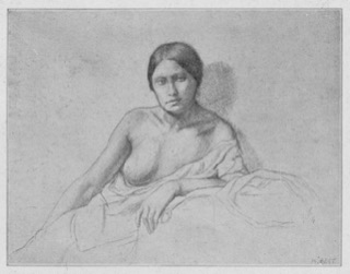 Femme assise, la poitrine découverte