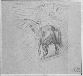Piqueur à cheval, sonnant du cor