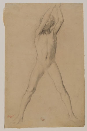 Photo de Jeune garçon les bras levés - Dessin préparatoire au tableau Jeunes filles spartiates  s'exerçant 
